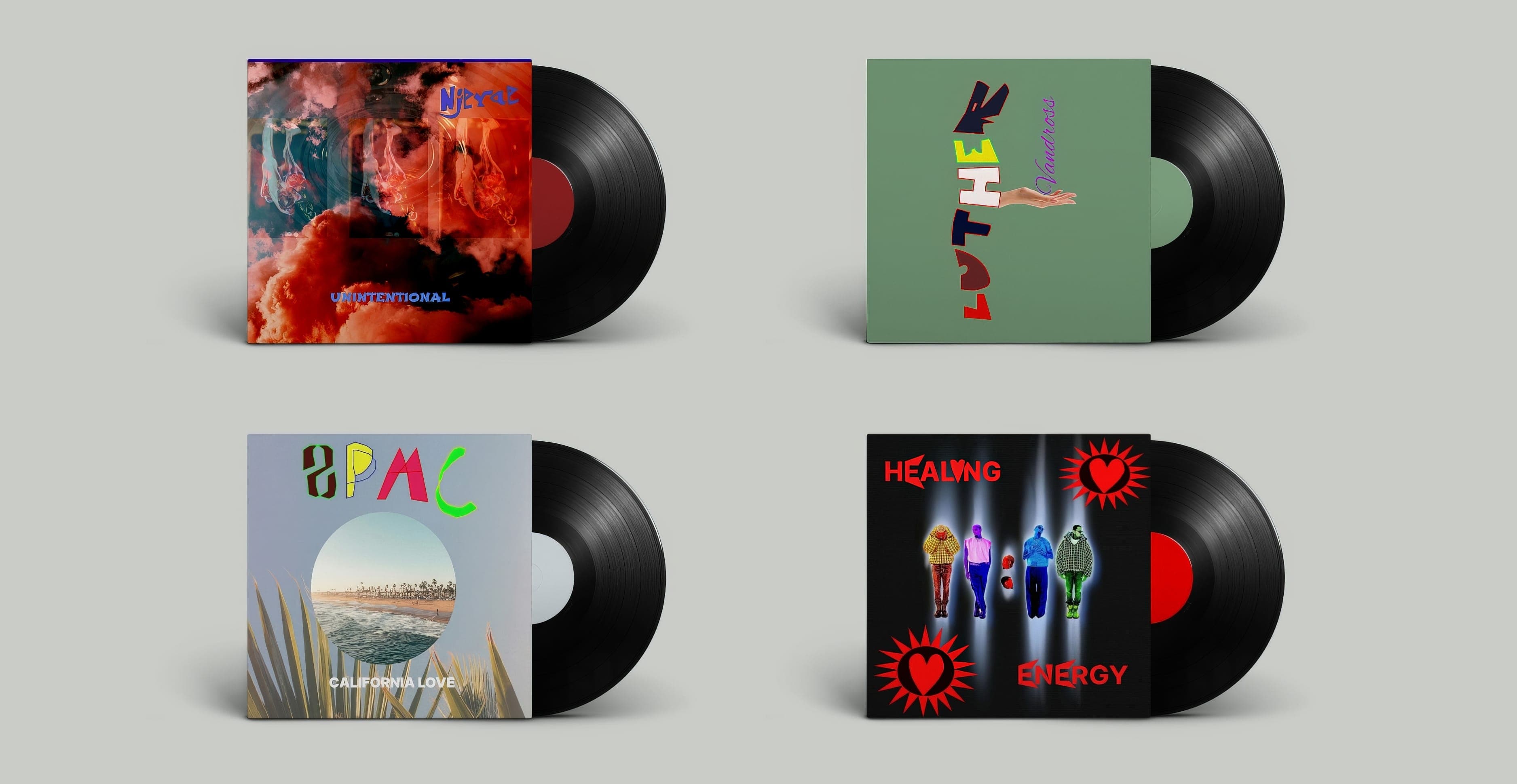 Four student-designed record sleeve covers created using Figma during a graphic design workshop in Kilifi, Kenya